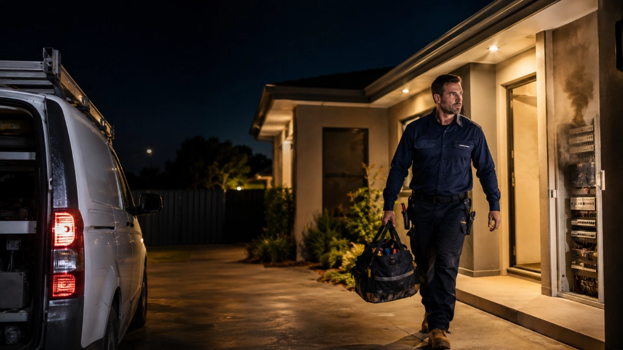 Electrician responding to emergency electrical fault at night Melbourne